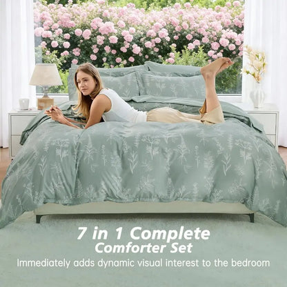 Queen Comforter Set 7 Pieces, Sage Green Bed in a Bag Queen Reversible Botanical Flowers Design, Ultra Soft amp Breathable Beddi