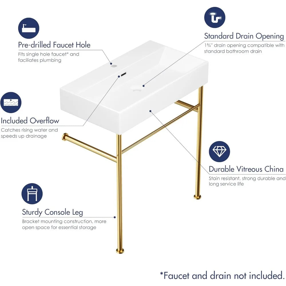 30"x16" Console Bathroom Sink, Free Standing 30 Inch Bracket Stainless Steel Support Pedestal Legs, Wall Mount Vessel Ceramic V