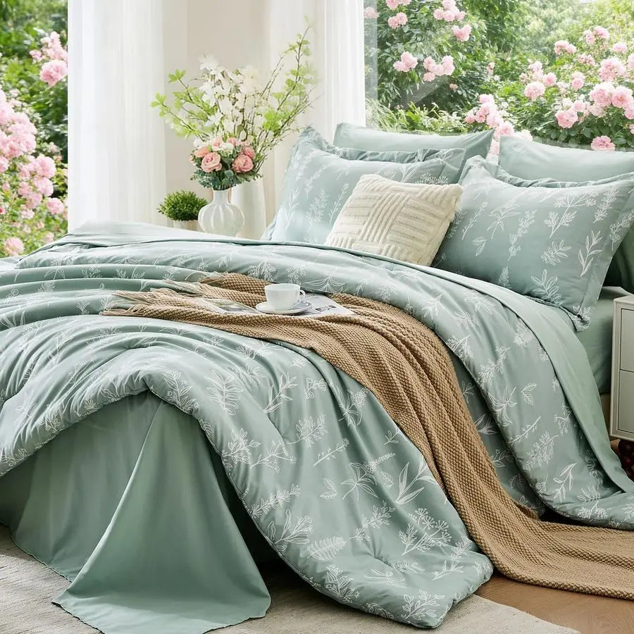Queen Comforter Set 7 Pieces, Sage Green Bed in a Bag Queen Reversible Botanical Flowers Design, Ultra Soft amp Breathable Beddi