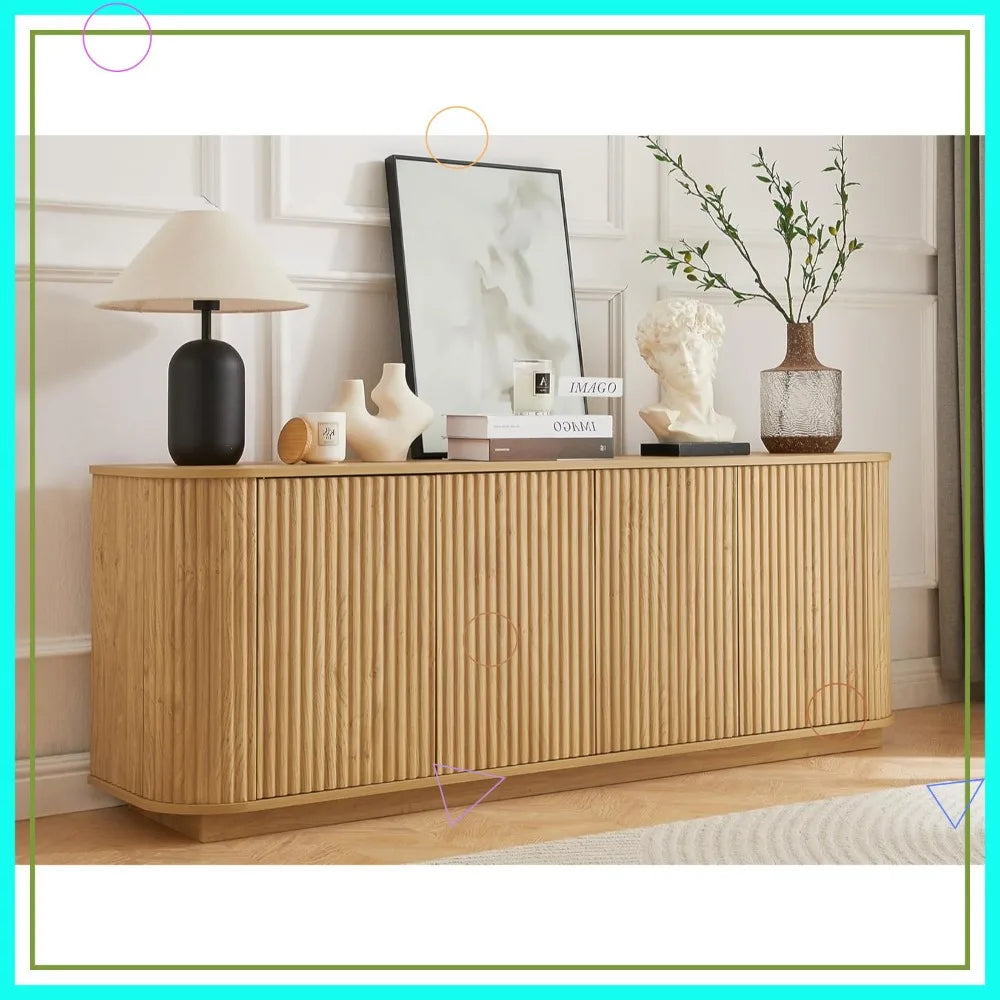 64" Sideboard Buffet Cabinet with Adjustable Shelves, Wooden Fluted Storage Credenza for Kitchen Living Room (Natural Oak)