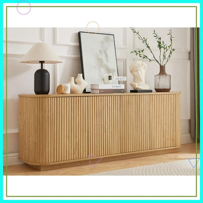64" Sideboard Buffet Cabinet with Adjustable Shelves, Wooden Fluted Storage Credenza for Kitchen Living Room (Natural Oak)