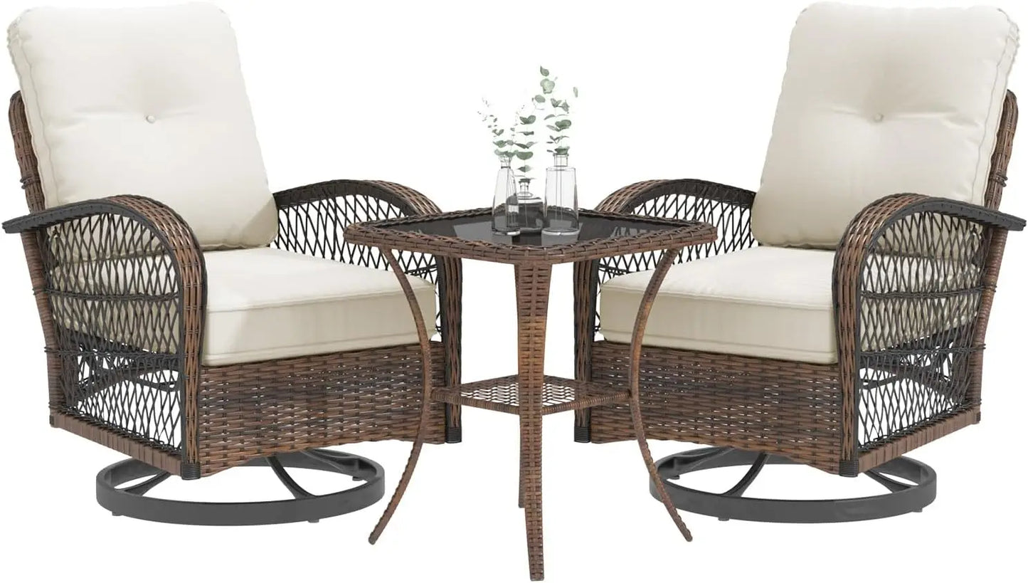 3 Pieces Patio Furniture Set, Outdoor Swivel Rocker Patio Chairs, Wicker Patio Bistro Set with Rocking Chair, Thickened Cushions