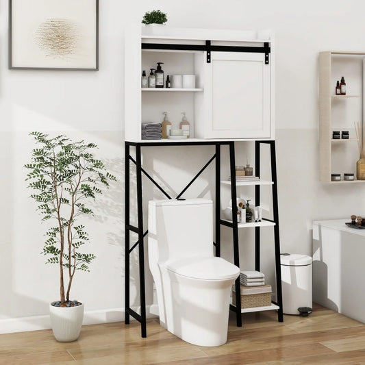 Bathroom rack with sliding barn door on toilet