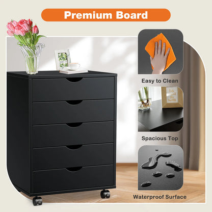 JHK Wood Nightstand Cabinet With Five Drawers And Rolling Wheels