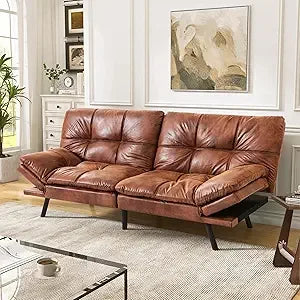 Faux Leather Futon Sofa Bed With Memory Foam Sleeper