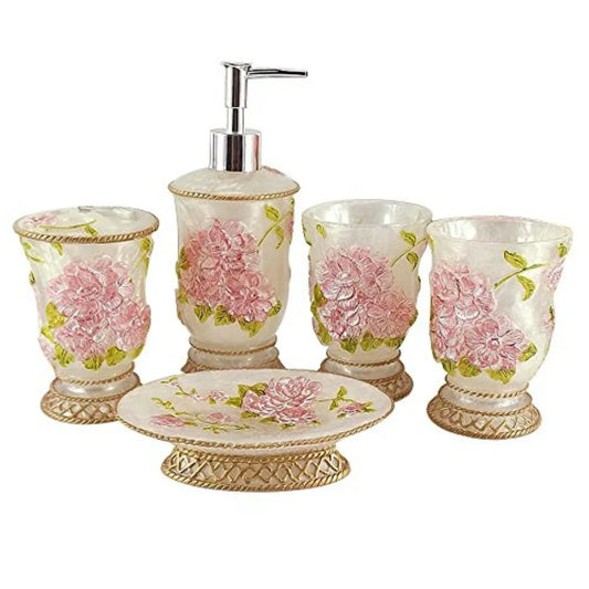 Vintage Bathroom Accessories 5Piece Set in Gold Finish for Modern Bathrooms Includes Soap Dispenser Toothbrush Holder Tumbler S