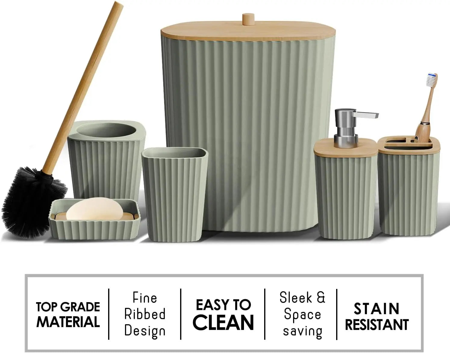 Sage Green Bathroom Accessory Set, 6PC with Toilet Brush, Trash Can &amp; Soap Dispenser for Modern Bathrooms