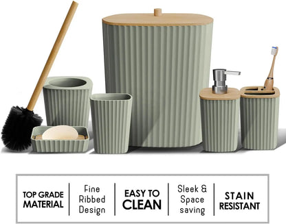 Sage Green Bathroom Accessory Set, 6PC with Toilet Brush, Trash Can &amp; Soap Dispenser for Modern Bathrooms