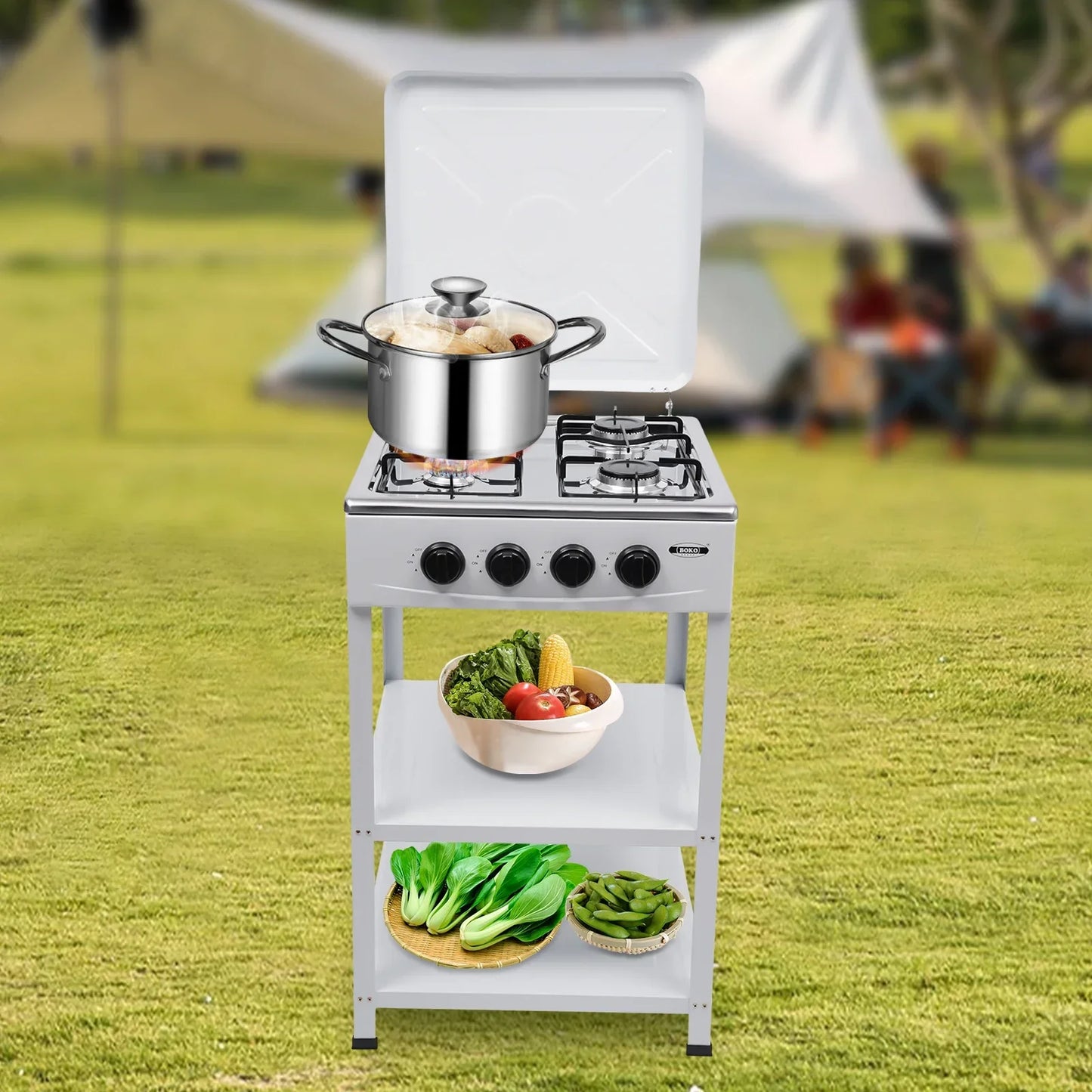 BYMAOCAR Stove Propane 4 Burner Portable Cooker BBQ Grill Windshelter Black with Detachable Storage Rack Outdoor Black/Silver