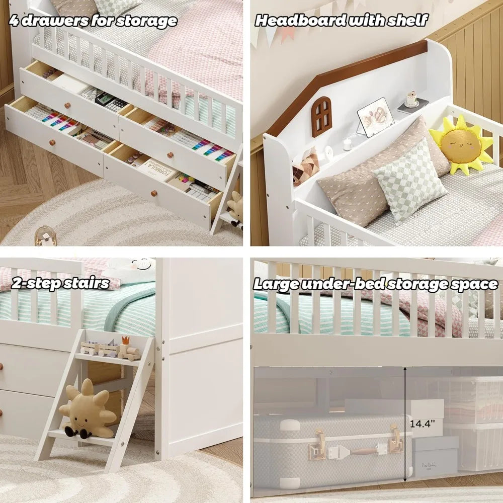 Platform Bed With House Headboard Guardrail and Four Storage Drawers