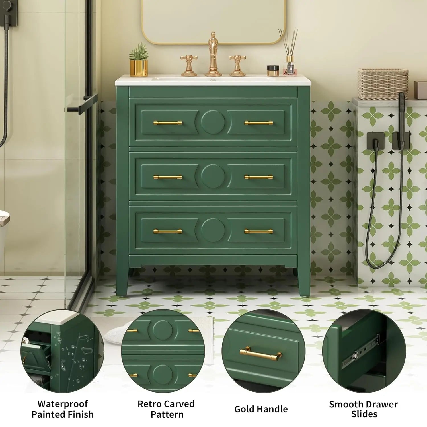 30in Solid Wood Bathroom Vanity Ceramic Sink Storage Cabinet Tip-Out &amp; 2 Full-Extension Drawers Bath Powder Room Customized