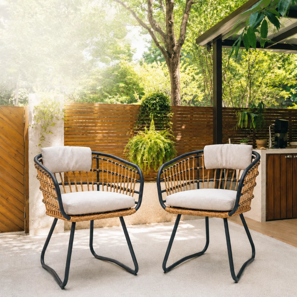 Outdoor Wicker Dining Chairs Set of 2, Patio Dining Chairs with Cushions, Rattan Dining Armchairs for Lawn, Garden, Poolside, Backyard, Porch, Beige    RR