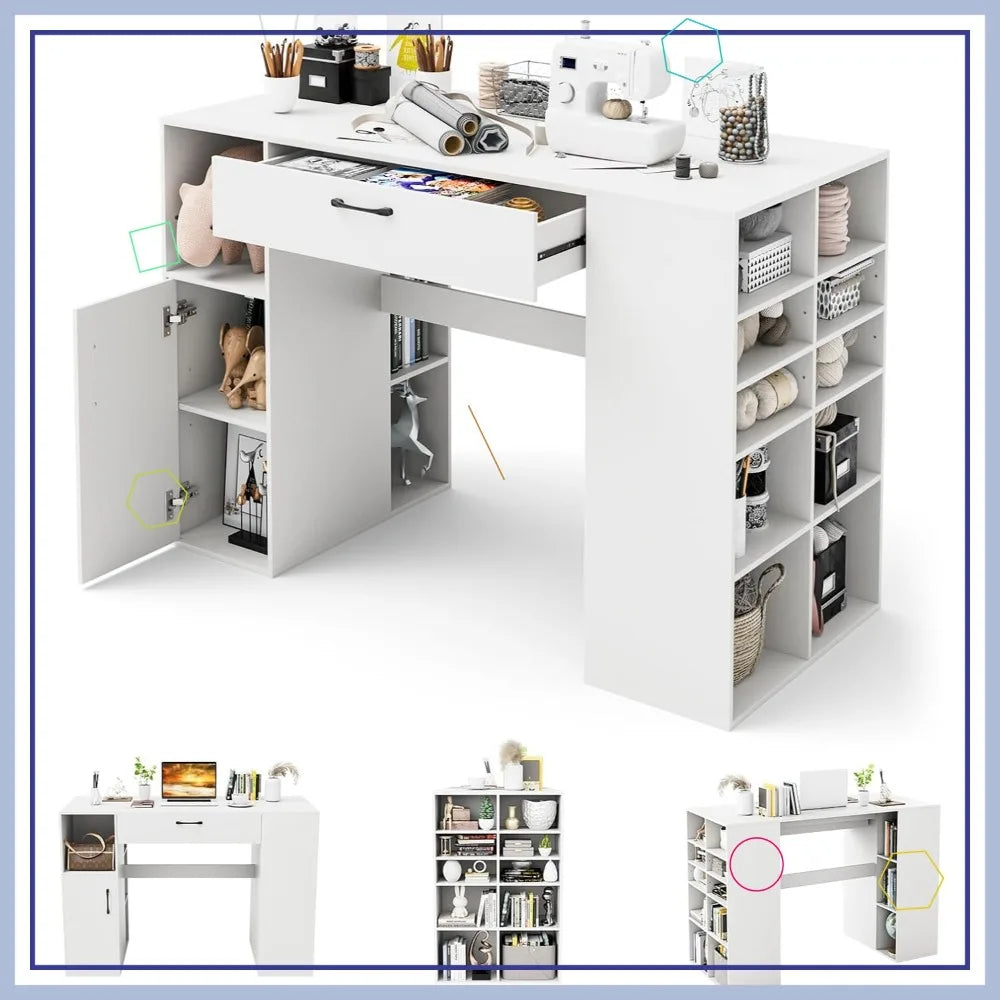 36" Adjustable Sewing Craft Table with 14 Compartments, Drawer &amp; Cabinet, White Workstation