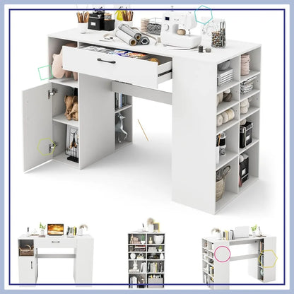 36" Adjustable Sewing Craft Table with 14 Compartments, Drawer &amp; Cabinet, White Workstation