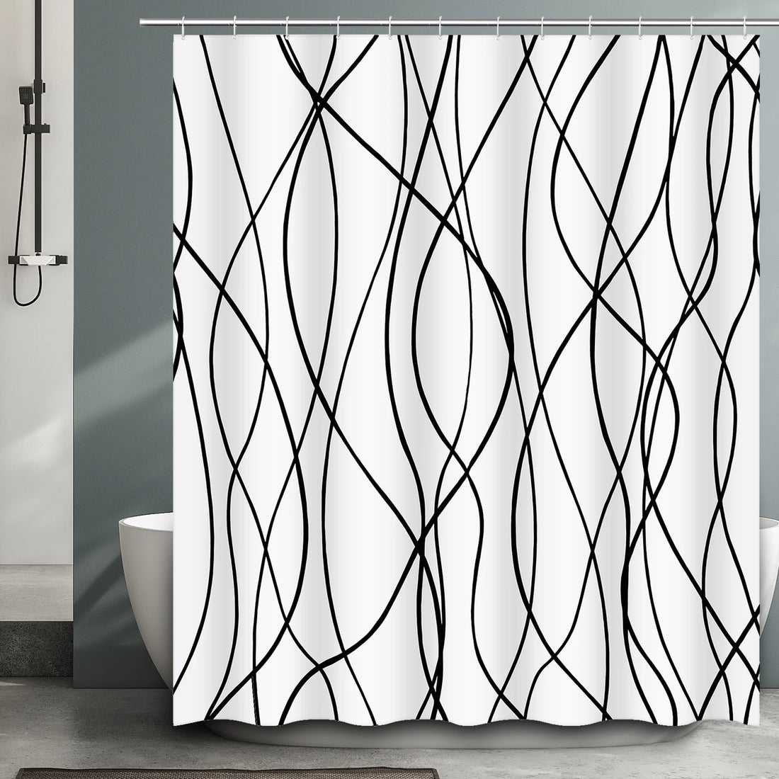 Striped Wavy Line Shower Curtain, Minimalist Waterproof Polyester Fabric Shower Curtain Set with 12 Hooks, Bathroom Decorative