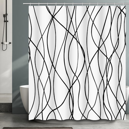 Striped Wavy Line Shower Curtain, Minimalist Waterproof Polyester Fabric Shower Curtain Set with 12 Hooks, Bathroom Decorative