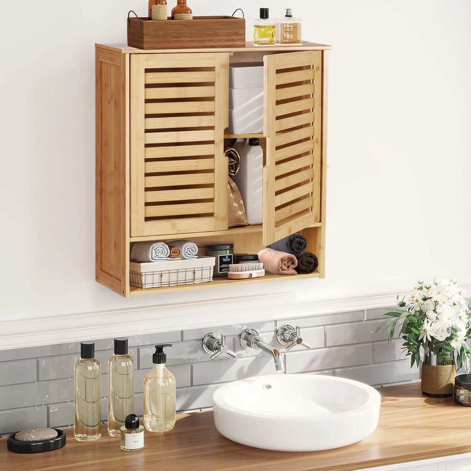 Wisfor Wall Mounted Bamboo Bathroom Cabinet Over Toilet 2 Doors