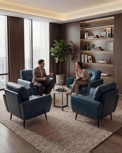 Accent Chairs Set of 2, Comfy Modern Living Room Blue Faux Leather Tufted Mid Century Arm Chair for Office Bedroom