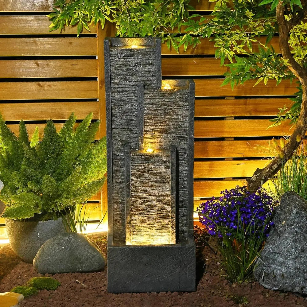 Modern Outdoor Water Fountain with Lights&Pump, Cascading Waterfall Feature Outdoor, Resin Standing Garden Fountain for Landscap