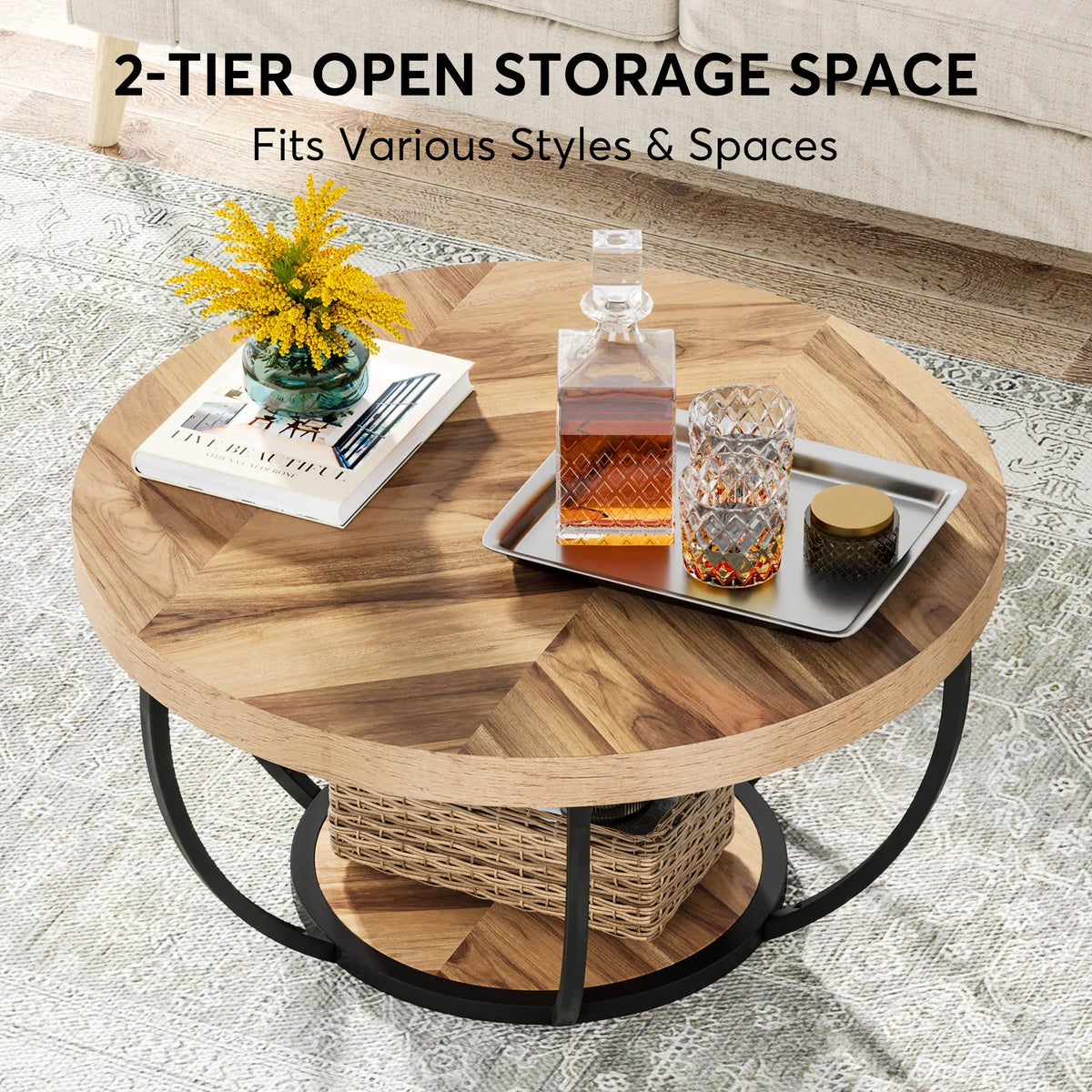 Tribesigns Industrial Round Coffee Table With Two Tier Storage Shelves