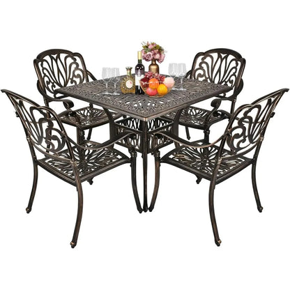 5 Pieces Outdoor Patio Dining Set, Cast Aluminium Patio Furniture Set with 4 Chairs and 1 Umbrella Table for Yard, Garden, Porc