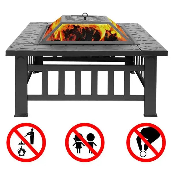 Multifunctional Fire Pit Table 32in Square Metal Firepit Stove Backyard Patio Garden Fireplace for Camping, Outdoor Heating