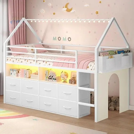 LZJV Loft Bed With Storage Drawers And LED Lights System