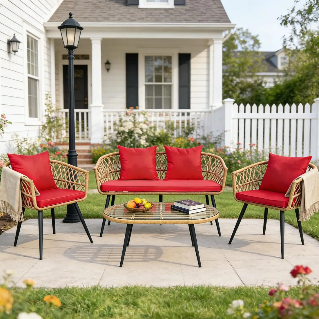 4 Piece Patio Furniture Set,Outdoor Conversation Set with Wicker Sofa, 2 Rattan Chairs and Glass Table, Patio, Customized