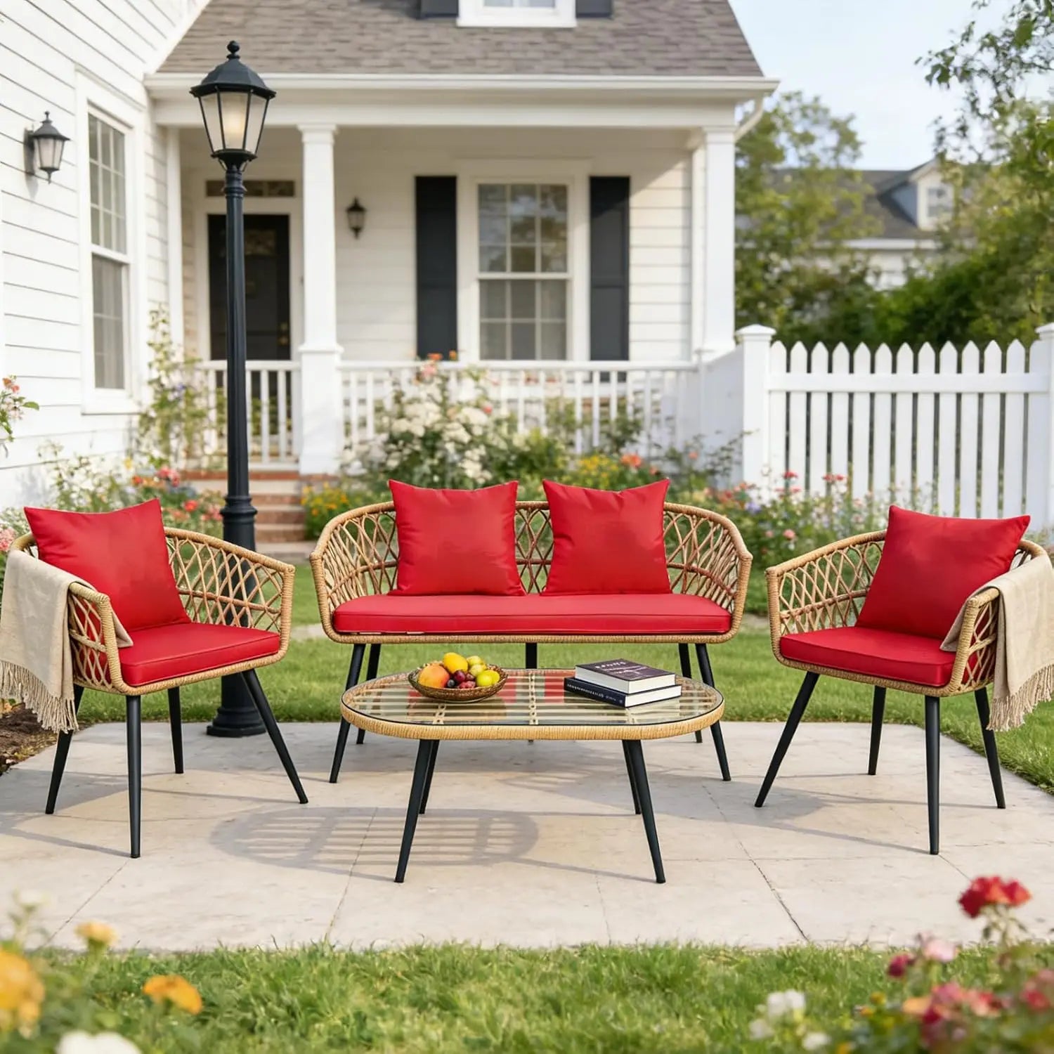 4 Piece Patio Furniture Set,Outdoor Conversation Set with Wicker Sofa, 2 Rattan Chairs and Glass Table, Patio, Customized