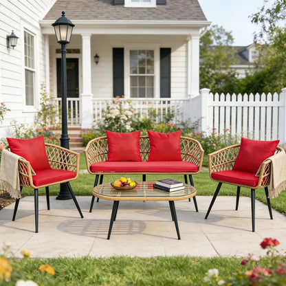 4 Piece Patio Furniture Set,Outdoor Conversation Set with Wicker Sofa, 2 Rattan Chairs and Glass Table, Patio, Customized