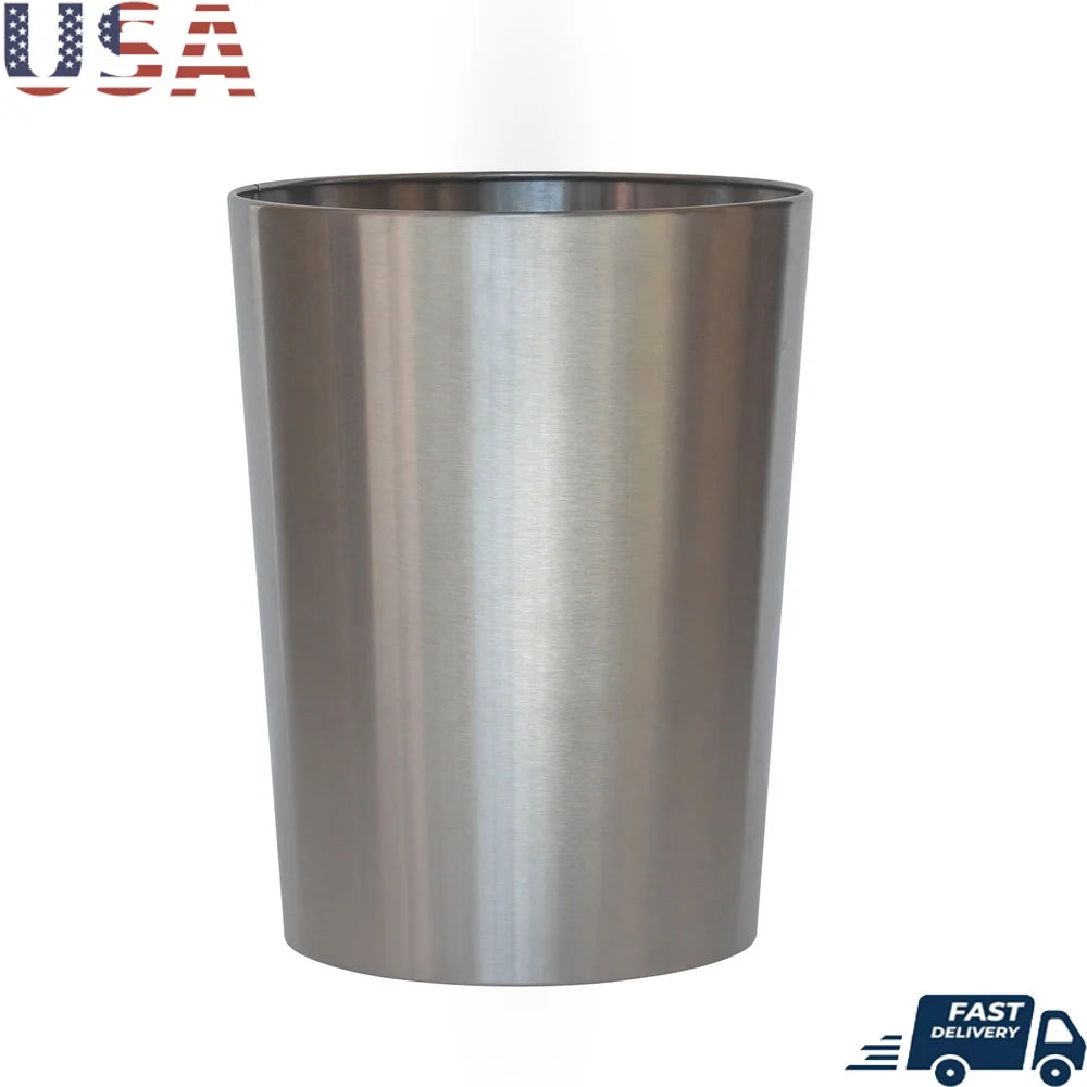 Brushed Nickel Metal Wastebasket 2.2 Gal Durable Open Top Trash Can Decorative Silver Trash Bin Bathroom Indoor Use