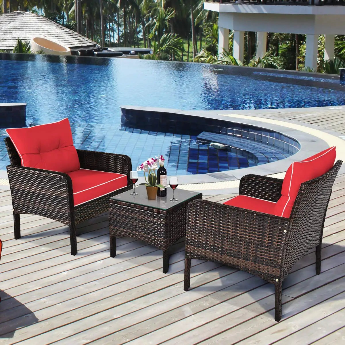 3 Piece Outdoor Patio Furniture Set, Wicker Chairs Set with Glass Top Coffee Table, Thick Cushions, All Weather, Customized