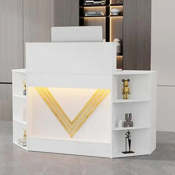 Contemporary 39.3 H Reception Desk with LED Lighting, Office Counter Featuring Display Cabinet, Secretary Desk with Integrated P