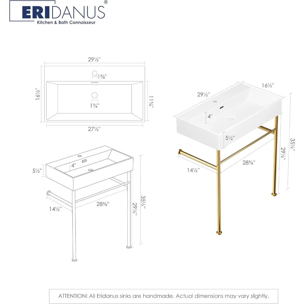 30"x16" Console Bathroom Sink, Free Standing 30 Inch Bracket Stainless Steel Support Pedestal Legs, Wall Mount Vessel Ceramic V