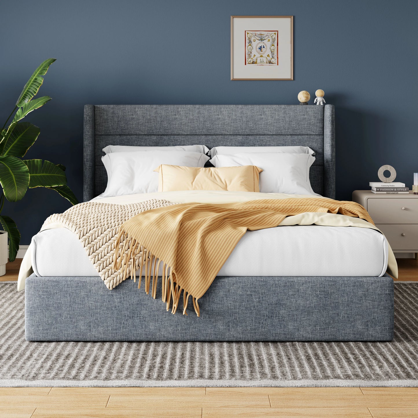 HOOMIC Lift Up Storage Bed With Wingback Headboard Hydraulic Lift