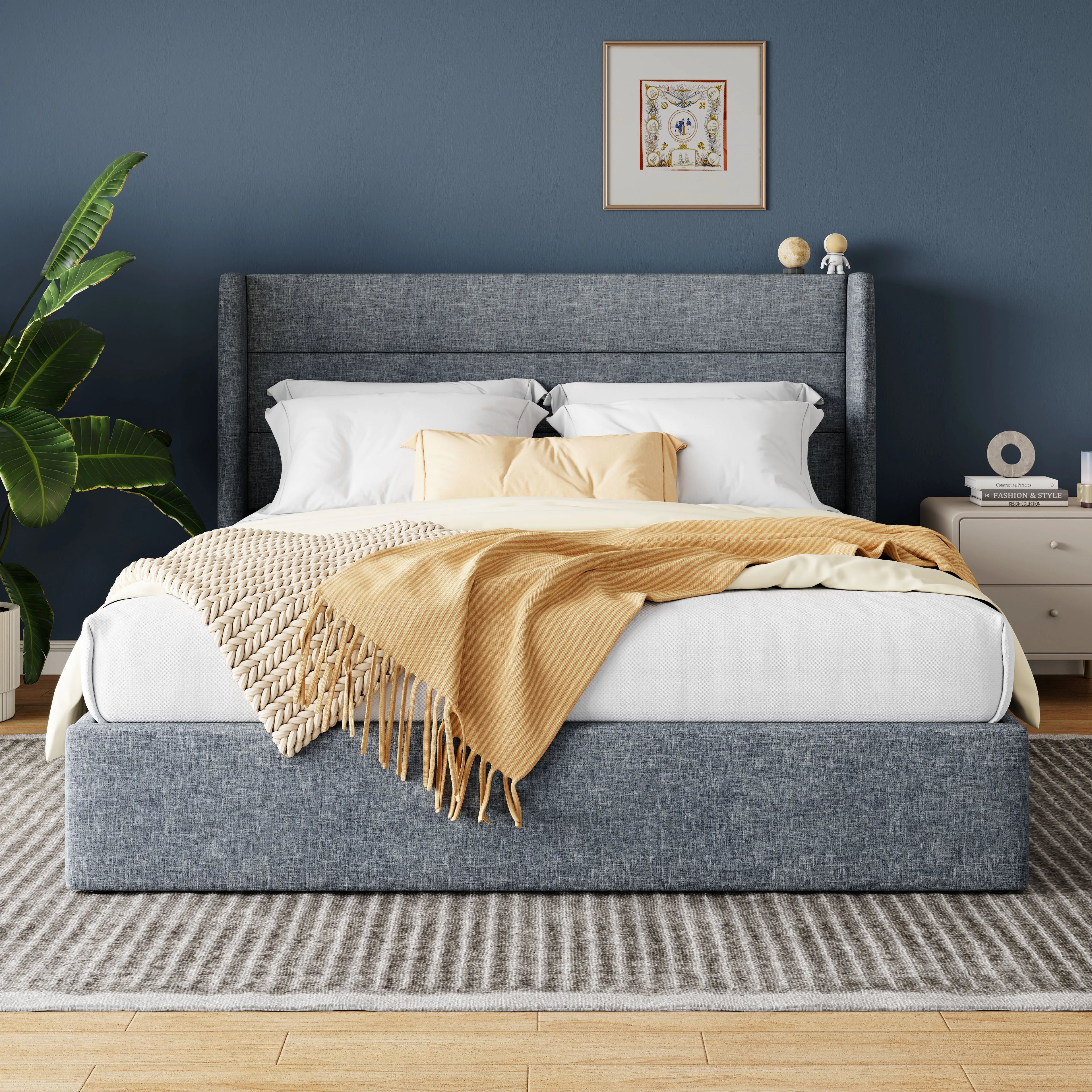 HOOMIC Lift Up Storage Bed With Wingback Headboard Hydraulic Lift