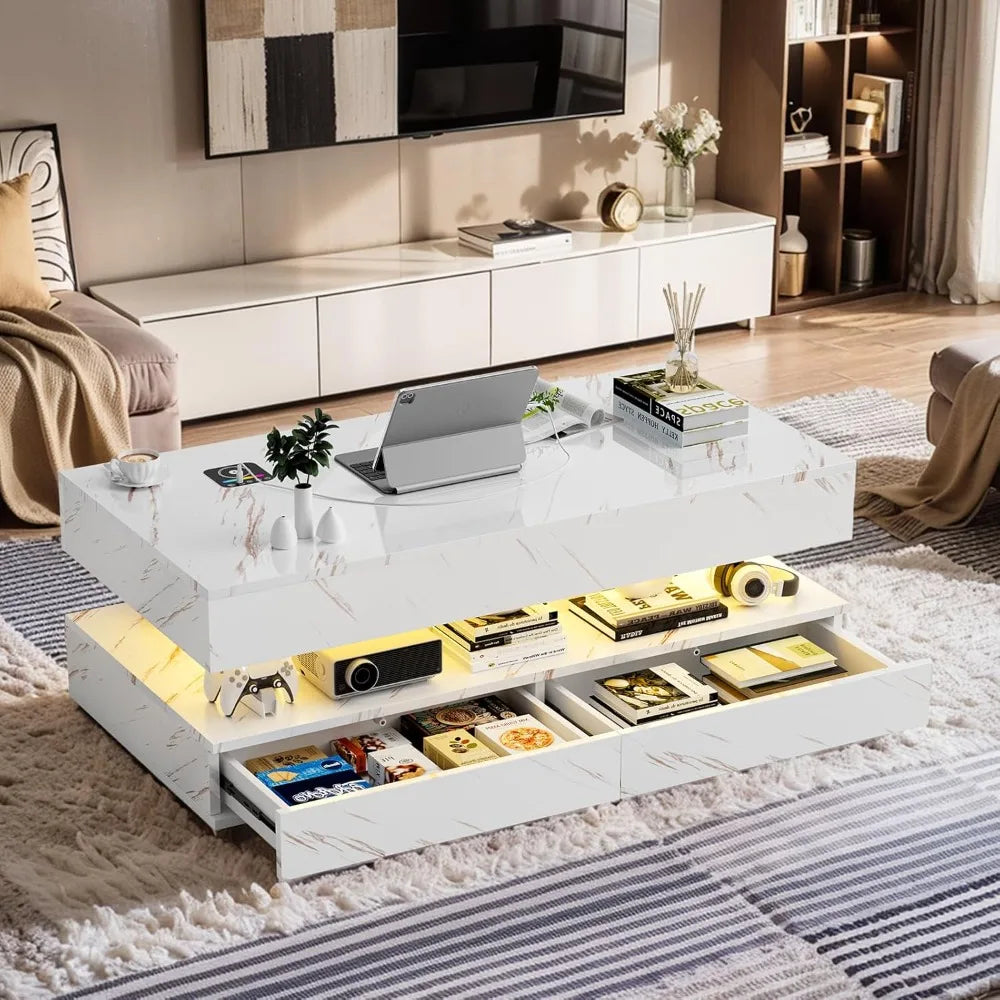 47.2" Coffee Tables with Storage Drawers,Smart Living Room Table with Wireless Charging &amp; Bluetooth Speaker,Modern Center Tables