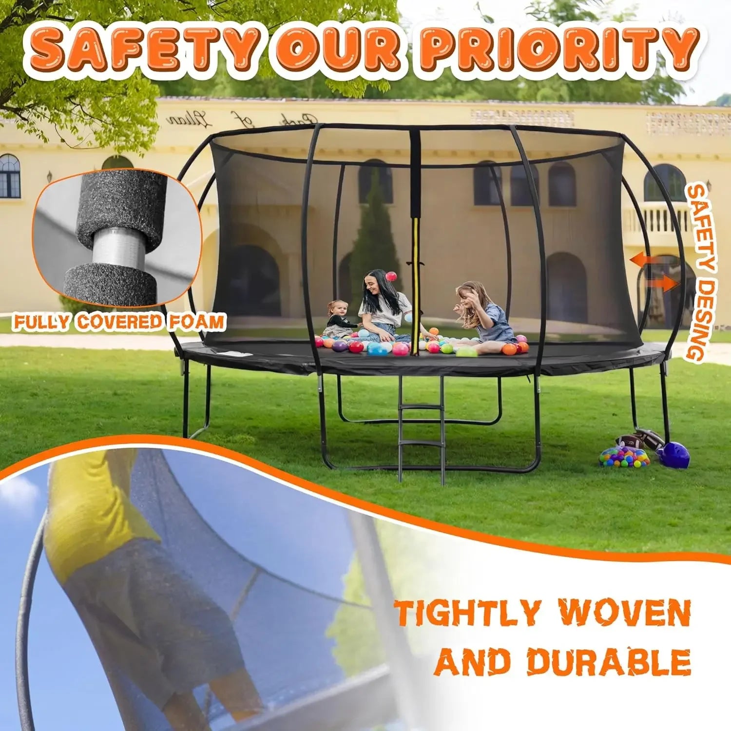8FT 10FT 12FT 14FT 16FT, Recreational Trampolines with Enclosure Net and Ladder, Outdoor Anti-Rust Trampolines for Kids and