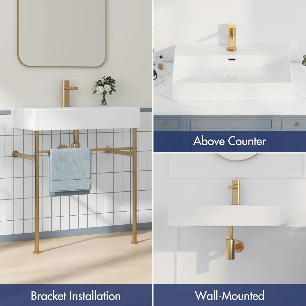 30"x16" Console Bathroom Sink, Free Standing 30 Inch Bracket Stainless Steel Support Pedestal Legs, Wall Mount Vessel Ceramic V