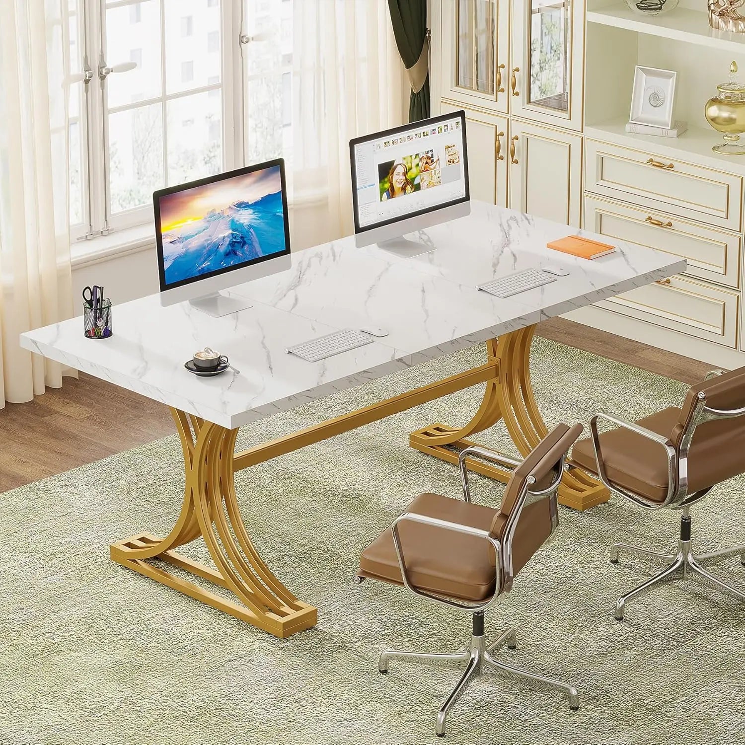 Office Desk, Modern Rectangular Executive Desk with Stylish Gold Legs,Faux Marble Table, Business Furniture for Home Office