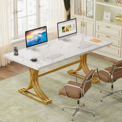 Office Desk, Modern Rectangular Executive Desk with Stylish Gold Legs,Faux Marble Table, Business Furniture for Home Office