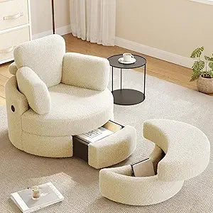 Accent Chair with Half Moon Ottoman, Round Chairs with Drawer Storage for Living Room, 360° Barrel Chair with USB Charging