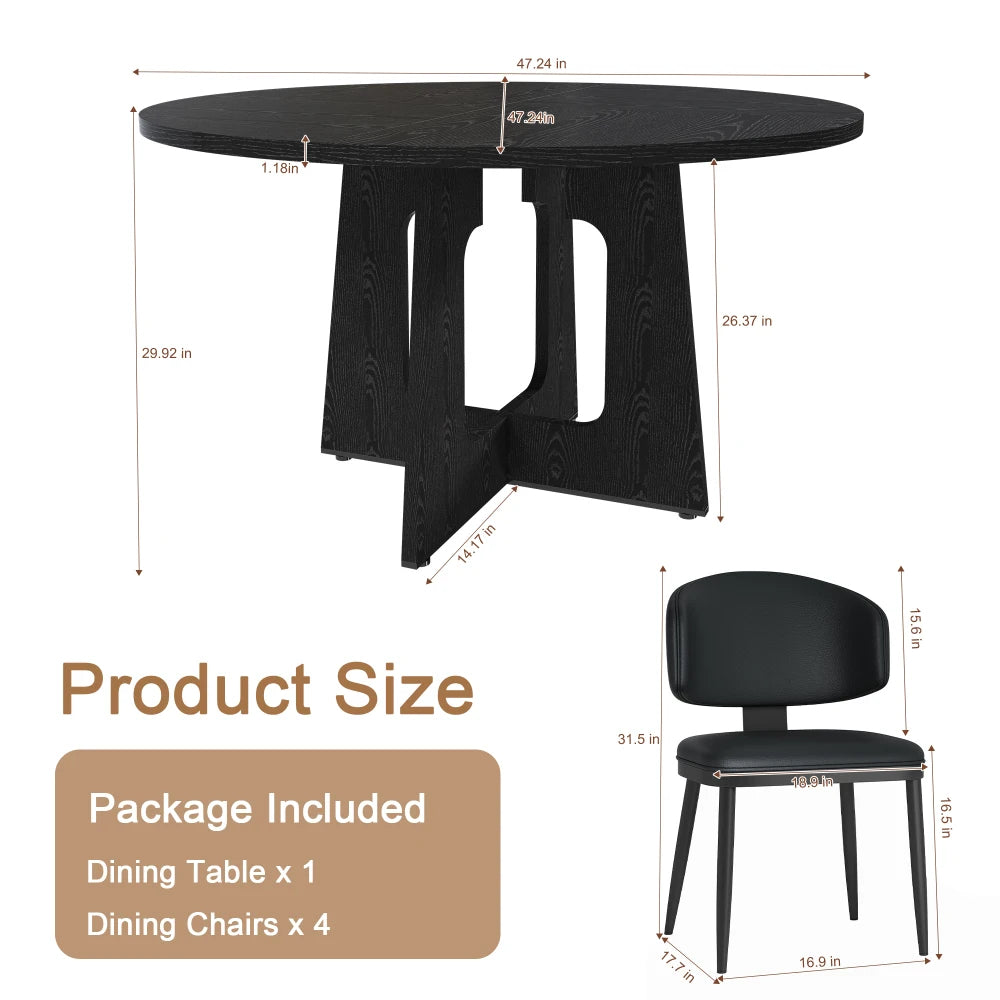 5 Piece Round Dining Table Set for 4, 47 Inch Farmhouse Kitchen Table with 4 Chairs, Black Wood Grain Finish, PU Leather Seats, Easy Assembly