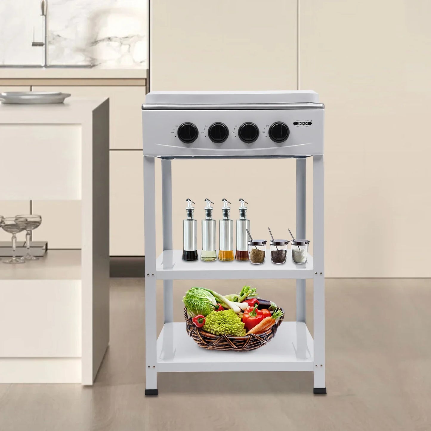 BYMAOCAR Stove Propane 4 Burner Portable Cooker BBQ Grill Windshelter Black with Detachable Storage Rack Outdoor Black/Silver