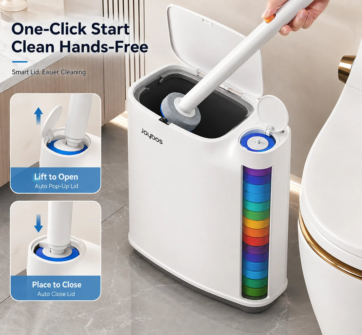 Joybos Trash Can And Toilet Brush Set, Bathroom Trash Can With 14 Disposable Toilet Brush, Includes Cleaning Brush Head, Toilet Brush Cleaner, Storage Bins With Lids, Narrow Design, Bathroom And Apartment Supplies, Halloween