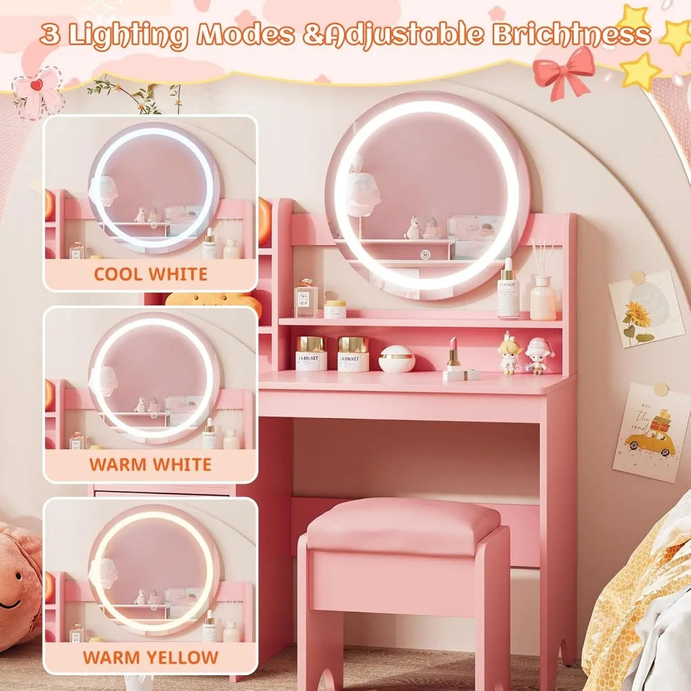 Kids Vanity with Lights, Princess Makeup Vanity Desk with Open Bookshelf, Storage Cabinet &amp; Shelves, Toddler Vanity Tabl