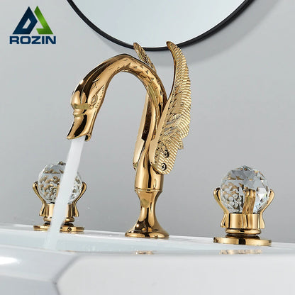 Rozin Gold Swan Basin Faucet Luxury Deck Mounted Dual Crystal Handle Bathroom Mixer Tap Cold and Hot Water Mixer Faucet