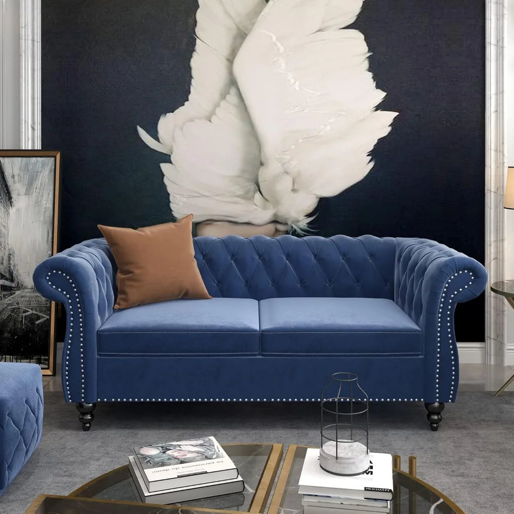 3 Piece Living Room Set, Velvet Chesterfield Sofa Loveseat Couch Chair with Scroll Arms and Nailhead for Living Room, Office (Bl