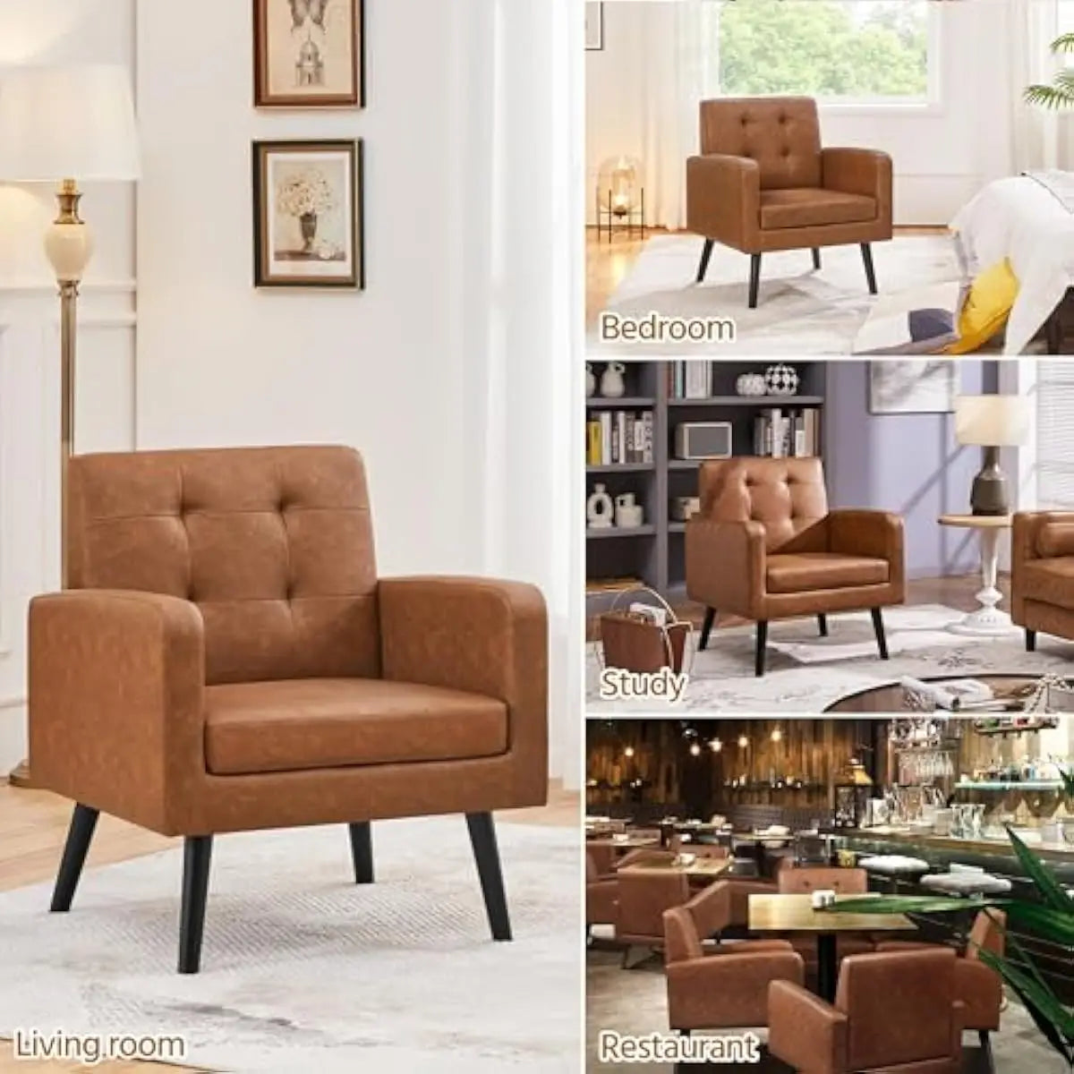 Mid Century Modern Faux Leather Tufted Armchairs With Rubberwood Legs