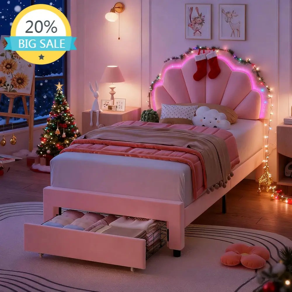 Upholstered LED Bed with Storage, Adjustable Headboard, Solid Wood Slats, No Box Spring Needed, Pink for Girls/Kids